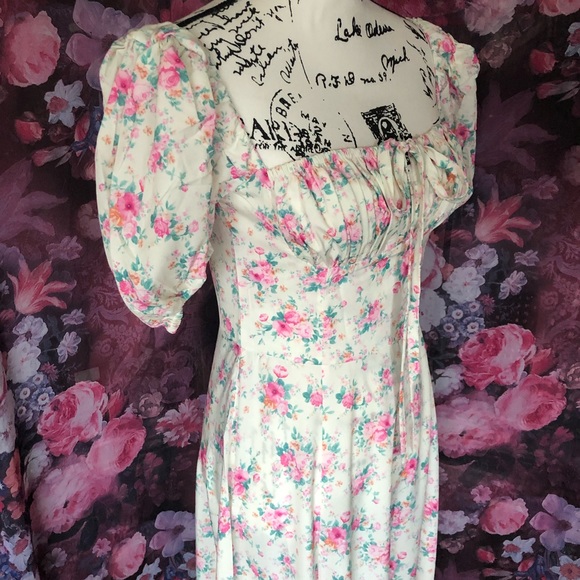 Floral dress puff sleeve summer flower slit long maxi cream gold women’s ruched - Picture 9 of 13